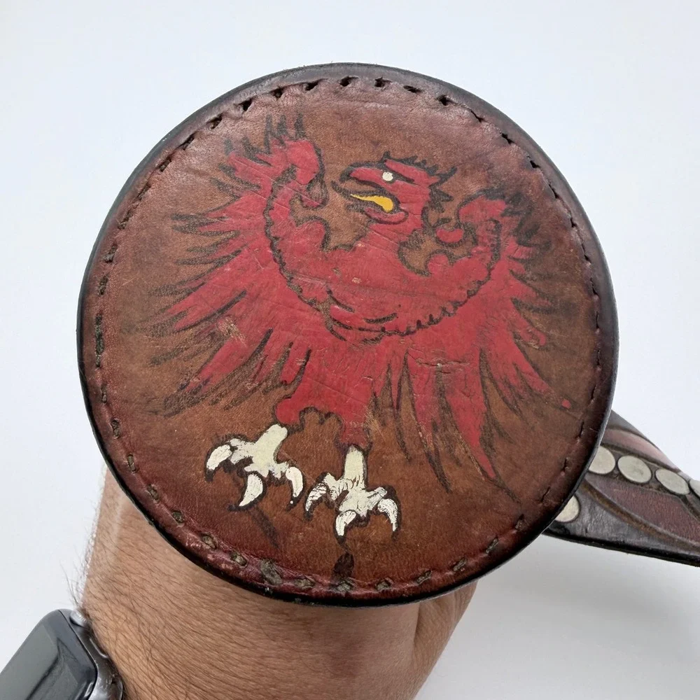 Vintage 1974 Handmade Studded Leather Belt Hand Painted Eagle Buckle Brown